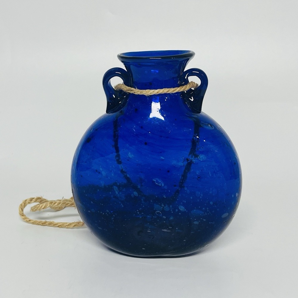 Hand Blown Blue Glass Hanging Vase Suspendable Art Made In Egypt Vintage 5 1/2"T
